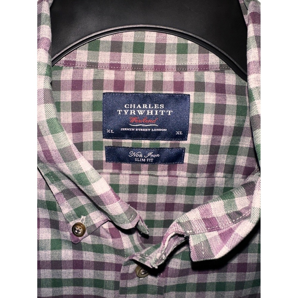 Charles Tyrwhitt Weekend Slim Fit Non Iron Shirt Mens XL Green Purple Gingham